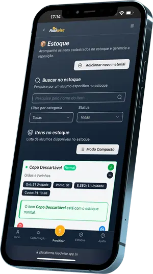 Tela de controle de estoque em tempo real do FoodWise - Gestão de ingredientes
