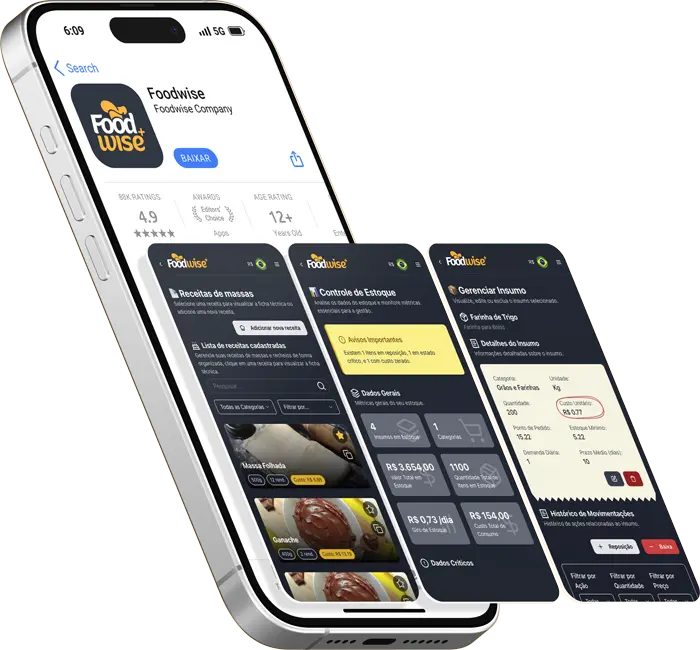 Interface do aplicativo FoodWise mostrando funcionalidades de gestão para restaurantes
