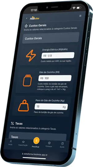 Tela de precificação inteligente do FoodWise - Cálculo de custos de receitas
